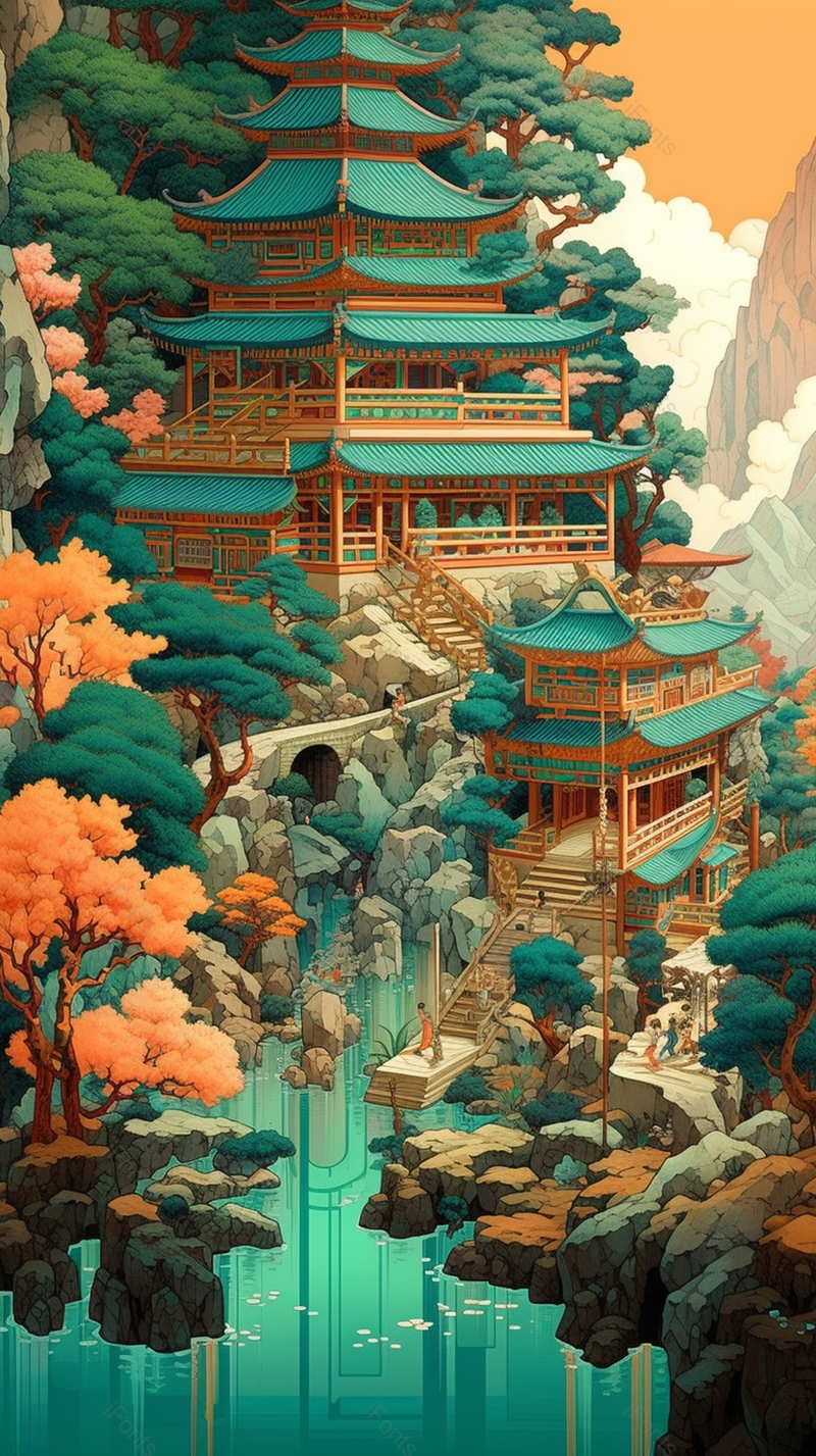 中国风山林建筑寺庙亭台楼阁手绘背景,插画/手绘图,插画/手绘图库,插画/手绘图下载,插画/手绘